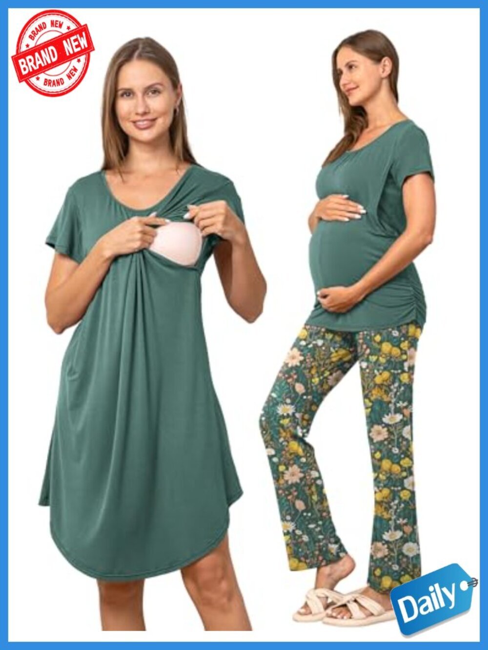 Maternity Nursing Sleepwear 3 Piece Set with Nightgown, Shirt & Pants,